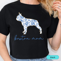 Load image into Gallery viewer, Boston Mom Shirt, Boston Terrier Lover Gift, Blue Floral Toile Dog Mom Tee, Pet Owner Shirt, Women&#39;s Boston Terrier T-Shirt, Chinoiserie Dog
