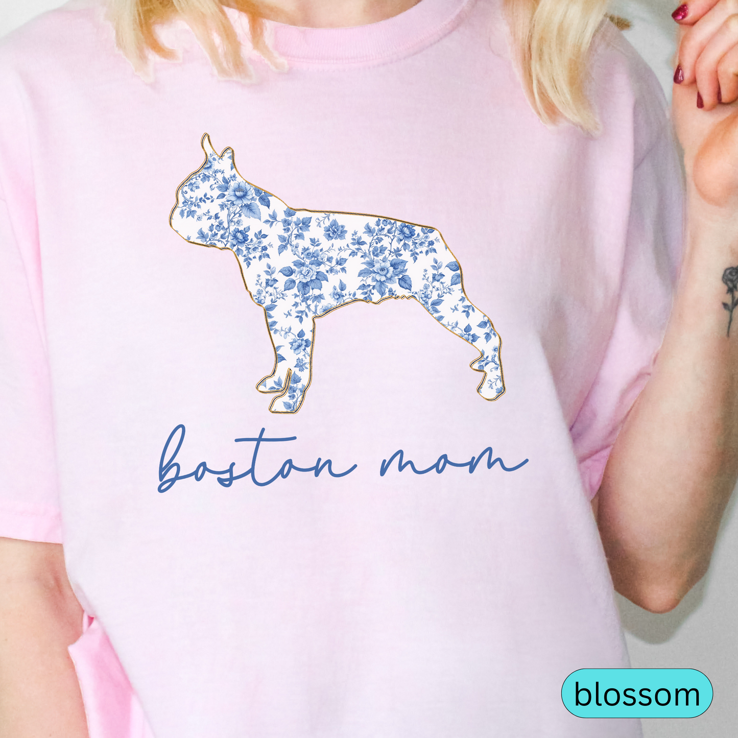Boston Mom Shirt, Boston Terrier Lover Gift, Blue Floral Toile Dog Mom Tee, Pet Owner Shirt, Women's Boston Terrier T-Shirt, Chinoiserie Dog