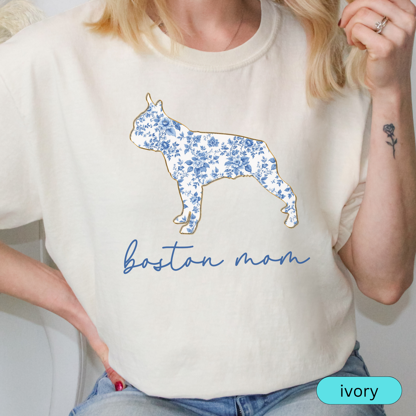 Boston Mom Shirt, Boston Terrier Lover Gift, Blue Floral Toile Dog Mom Tee, Pet Owner Shirt, Women's Boston Terrier T-Shirt, Chinoiserie Dog