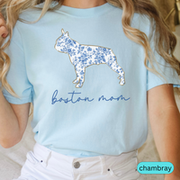 Load image into Gallery viewer, Boston Mom Shirt, Boston Terrier Lover Gift, Blue Floral Toile Dog Mom Tee, Pet Owner Shirt, Women&#39;s Boston Terrier T-Shirt, Chinoiserie Dog
