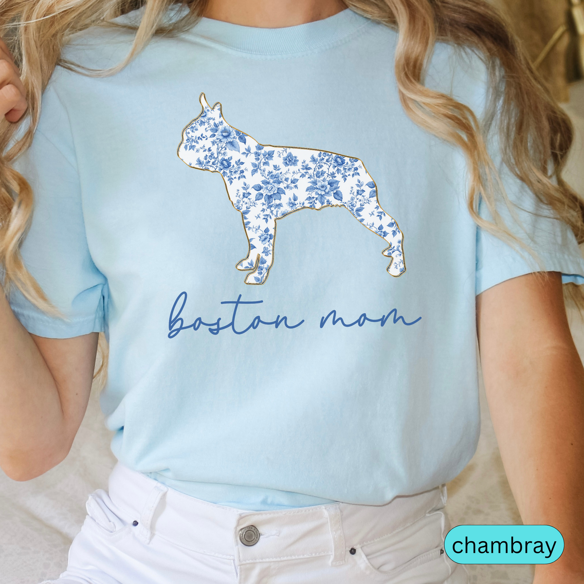 Boston Mom Shirt, Boston Terrier Lover Gift, Blue Floral Toile Dog Mom Tee, Pet Owner Shirt, Women's Boston Terrier T-Shirt, Chinoiserie Dog