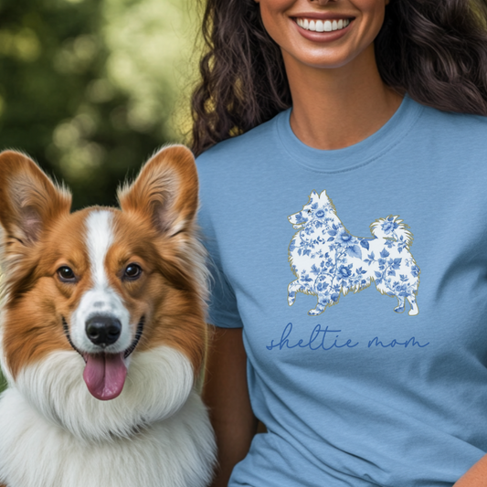 Sheltie Mom Shirt, Shetland Sheepdog Lover Gift, Blue Floral Toile Dog Mom Tee, Cute Pet Owner Shirt, Women's Sheltie Shirt, Chinoiserie Dog