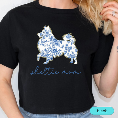 Sheltie Mom Shirt, Shetland Sheepdog Lover Gift, Blue Floral Toile Dog Mom Tee, Cute Pet Owner Shirt, Women's Sheltie Shirt, Chinoiserie Dog