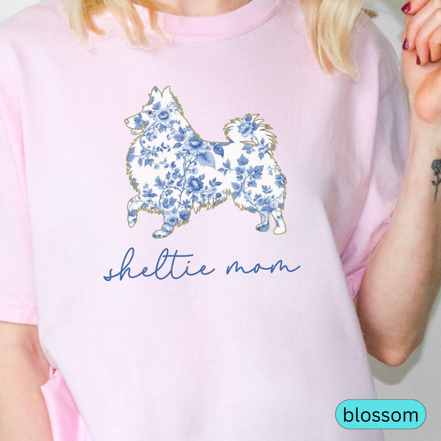 Sheltie Mom Shirt, Shetland Sheepdog Lover Gift, Blue Floral Toile Dog Mom Tee, Cute Pet Owner Shirt, Women's Sheltie Shirt, Chinoiserie Dog