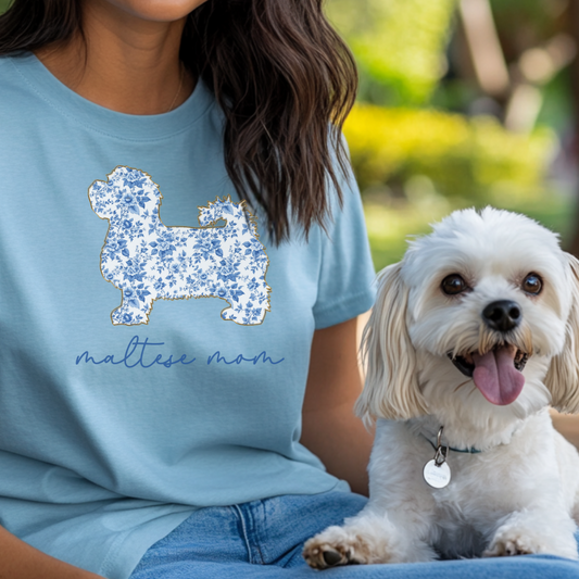 Maltese Mom Shirt, Maltese Dog Lover Gift, Blue Floral Toile Dog Mom Tee, Cute Pet Owner Shirt, Women's Maltese T-Shirt, Chinoiserie Dog