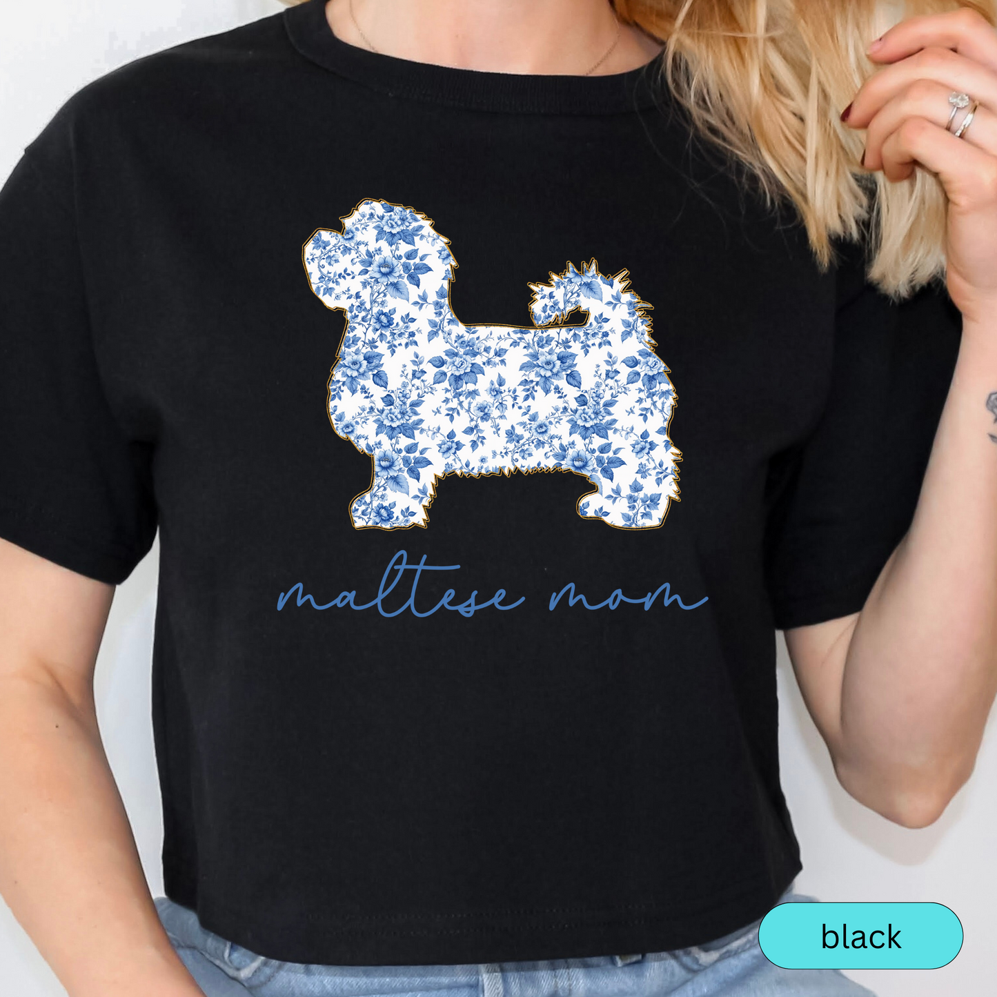 Maltese Mom Shirt, Maltese Dog Lover Gift, Blue Floral Toile Dog Mom Tee, Cute Pet Owner Shirt, Women's Maltese T-Shirt, Chinoiserie Dog