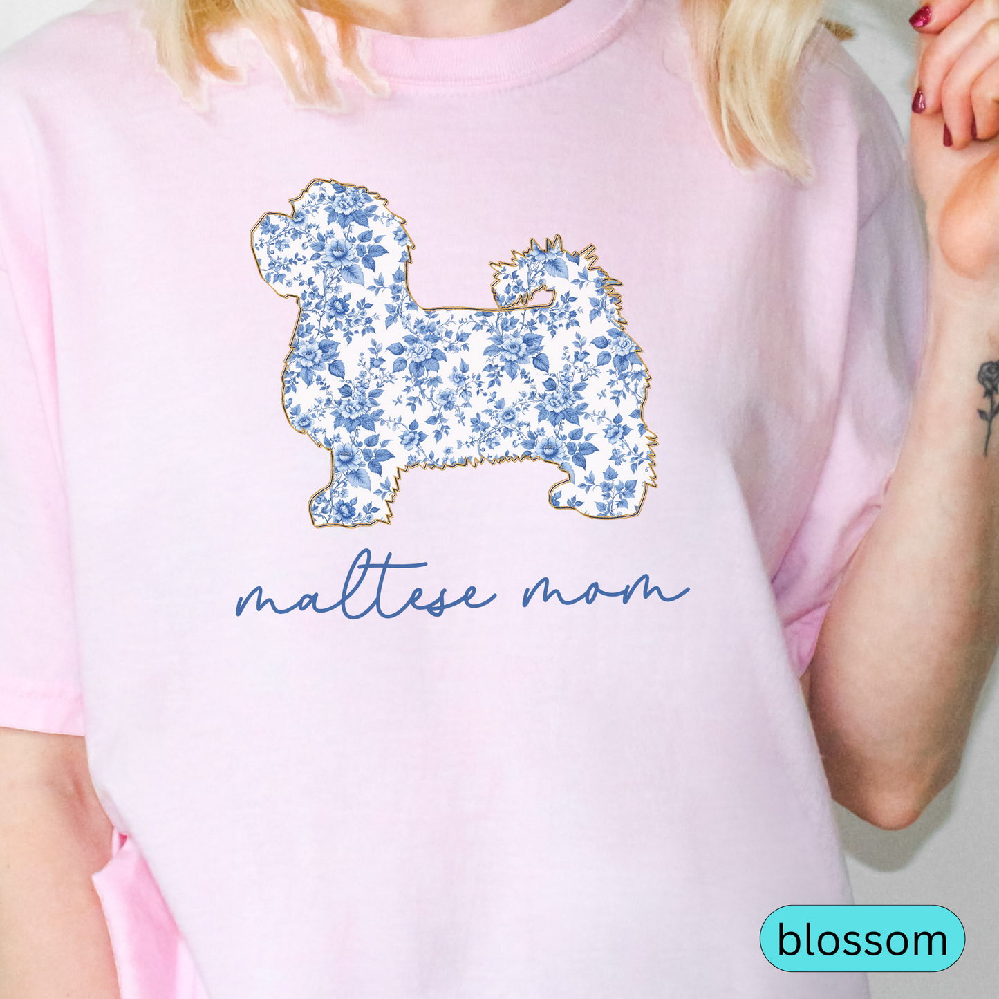 Maltese Mom Shirt, Maltese Dog Lover Gift, Blue Floral Toile Dog Mom Tee, Cute Pet Owner Shirt, Women's Maltese T-Shirt, Chinoiserie Dog