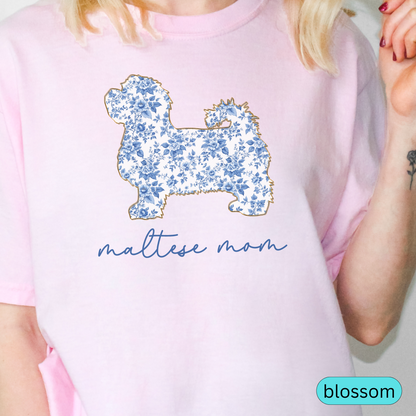 Maltese Mom Shirt, Maltese Dog Lover Gift, Blue Floral Toile Dog Mom Tee, Cute Pet Owner Shirt, Women's Maltese T-Shirt, Chinoiserie Dog
