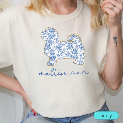 Maltese Mom Shirt, Maltese Dog Lover Gift, Blue Floral Toile Dog Mom Tee, Cute Pet Owner Shirt, Women's Maltese T-Shirt, Chinoiserie Dog