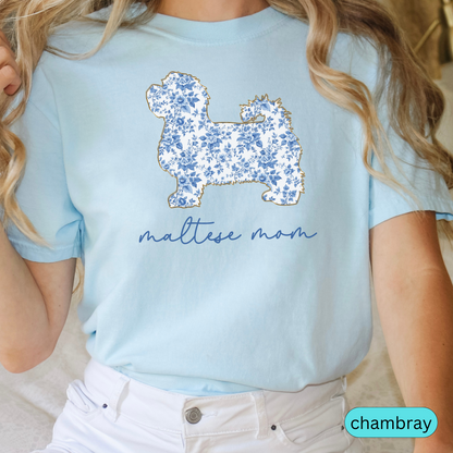 Maltese Mom Shirt, Maltese Dog Lover Gift, Blue Floral Toile Dog Mom Tee, Cute Pet Owner Shirt, Women's Maltese T-Shirt, Chinoiserie Dog