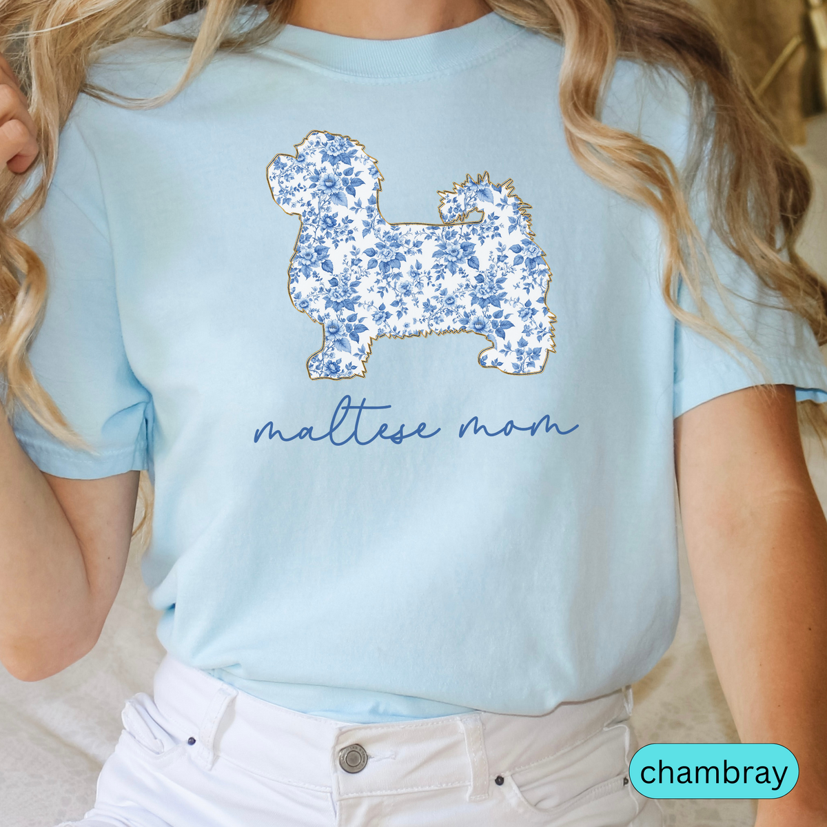 Maltese Mom Shirt, Maltese Dog Lover Gift, Blue Floral Toile Dog Mom Tee, Cute Pet Owner Shirt, Women's Maltese T-Shirt, Chinoiserie Dog