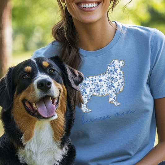 Bernese Mom Shirt, Bernese Mountain Dog Lover Gift, Blue Floral Toile Dog Mom Tee, Pet Owner Shirt, Women's Bernese T-Shirt, Chinoiserie Dog