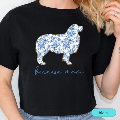 Bernese Mom Shirt, Bernese Mountain Dog Lover Gift, Blue Floral Toile Dog Mom Tee, Pet Owner Shirt, Women's Bernese T-Shirt, Chinoiserie Dog