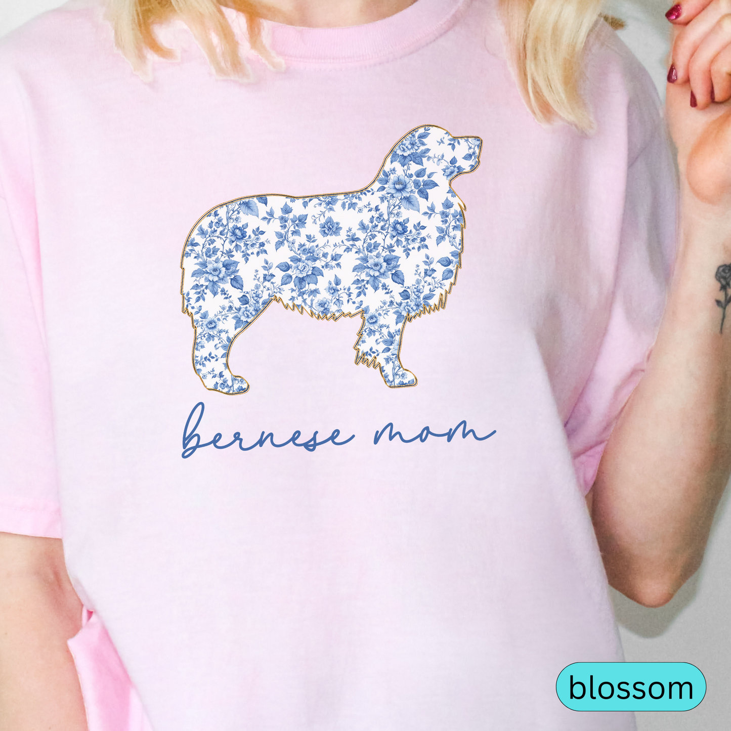 Bernese Mom Shirt, Bernese Mountain Dog Lover Gift, Blue Floral Toile Dog Mom Tee, Pet Owner Shirt, Women's Bernese T-Shirt, Chinoiserie Dog