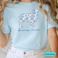 Load image into Gallery viewer, Bernese Mom Shirt, Bernese Mountain Dog Lover Gift, Blue Floral Toile Dog Mom Tee, Pet Owner Shirt, Women&#39;s Bernese T-Shirt, Chinoiserie Dog
