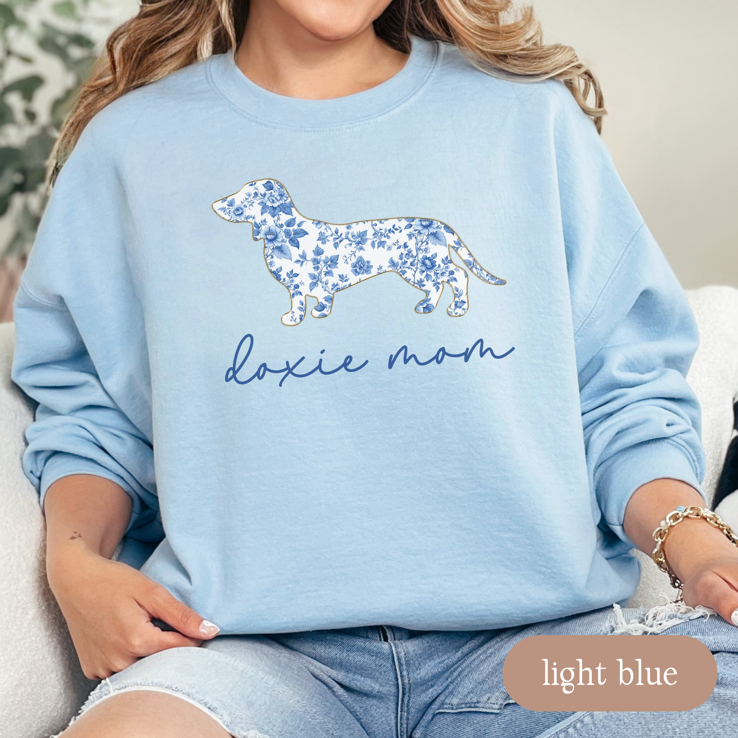 Doxie Mom Chinoiserie Sweatshirt, Blue Floral Toile Dachshund Shirt, Dog Mom Crewneck, Wiener Dog Gift, Cozy Sweatshirt for Dachshund Lovers