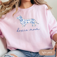 Load image into Gallery viewer, Doxie Mom Chinoiserie Sweatshirt, Blue Floral Toile Dachshund Shirt, Dog Mom Crewneck, Wiener Dog Gift, Cozy Sweatshirt for Dachshund Lovers
