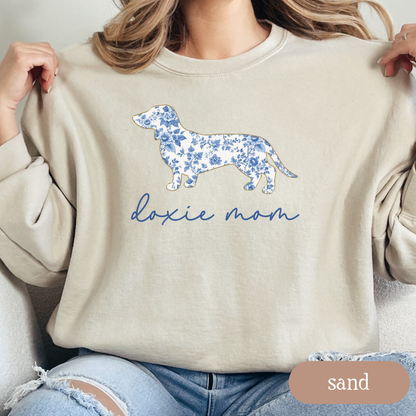 Doxie Mom Chinoiserie Sweatshirt, Blue Floral Toile Dachshund Shirt, Dog Mom Crewneck, Wiener Dog Gift, Cozy Sweatshirt for Dachshund Lovers
