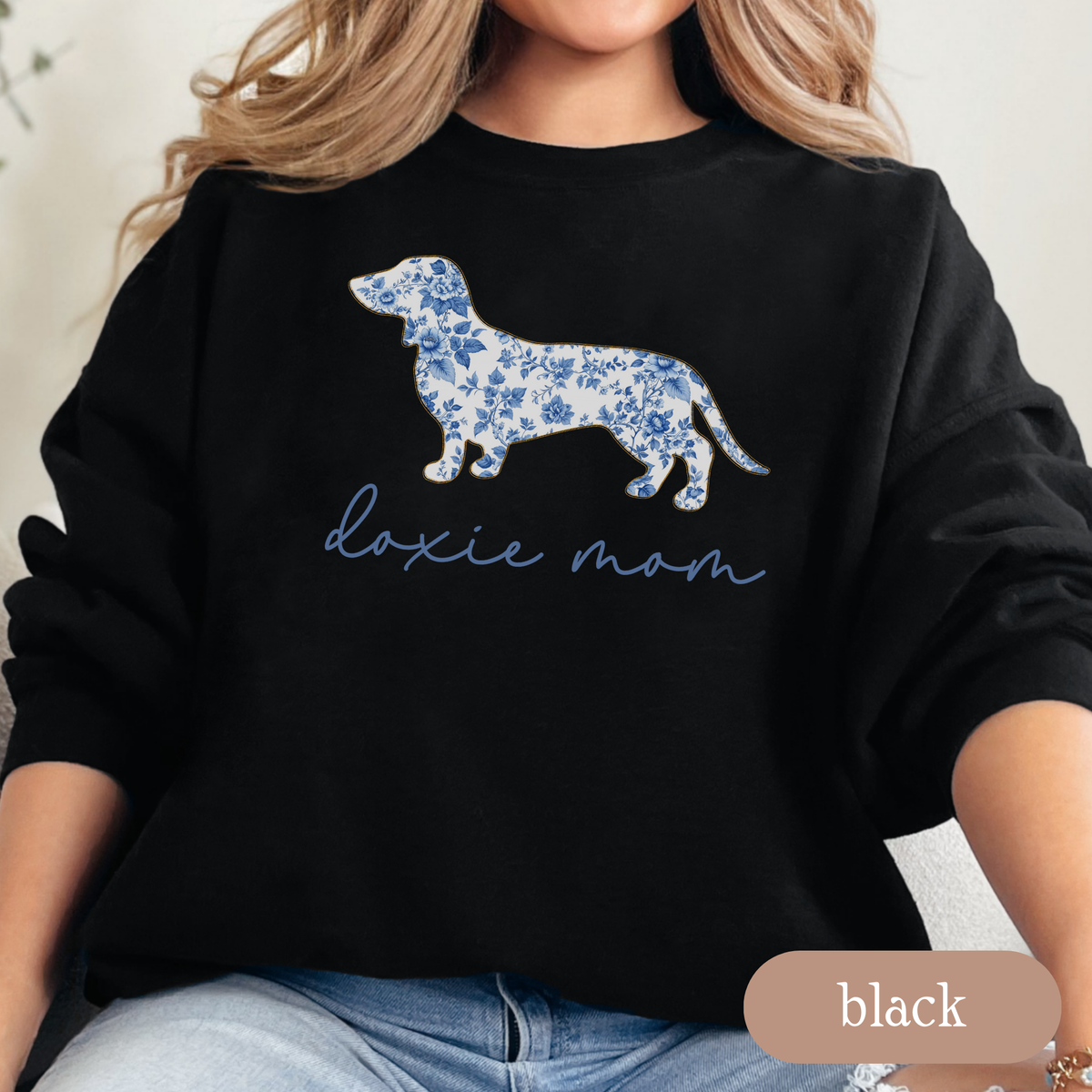 Doxie Mom Chinoiserie Sweatshirt, Blue Floral Toile Dachshund Shirt, Dog Mom Crewneck, Wiener Dog Gift, Cozy Sweatshirt for Dachshund Lovers