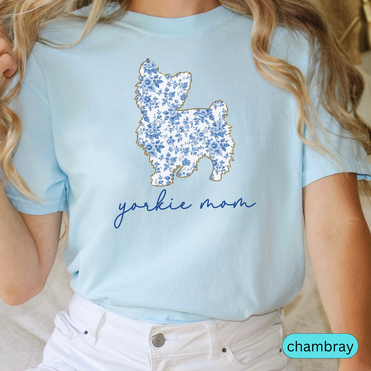 Yorkie Mom Shirt, Yorkshire Terrier Lover Gift, Blue Floral Toile Dog Mom Tee, Cute Pet Owner Shirt, Women's Yorkie T-Shirt, Chinoiserie Dog