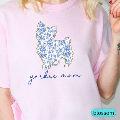 Yorkie Mom Shirt, Yorkshire Terrier Lover Gift, Blue Floral Toile Dog Mom Tee, Cute Pet Owner Shirt, Women's Yorkie T-Shirt, Chinoiserie Dog