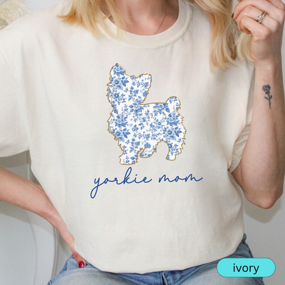 Yorkie Mom Shirt, Yorkshire Terrier Lover Gift, Blue Floral Toile Dog Mom Tee, Cute Pet Owner Shirt, Women's Yorkie T-Shirt, Chinoiserie Dog