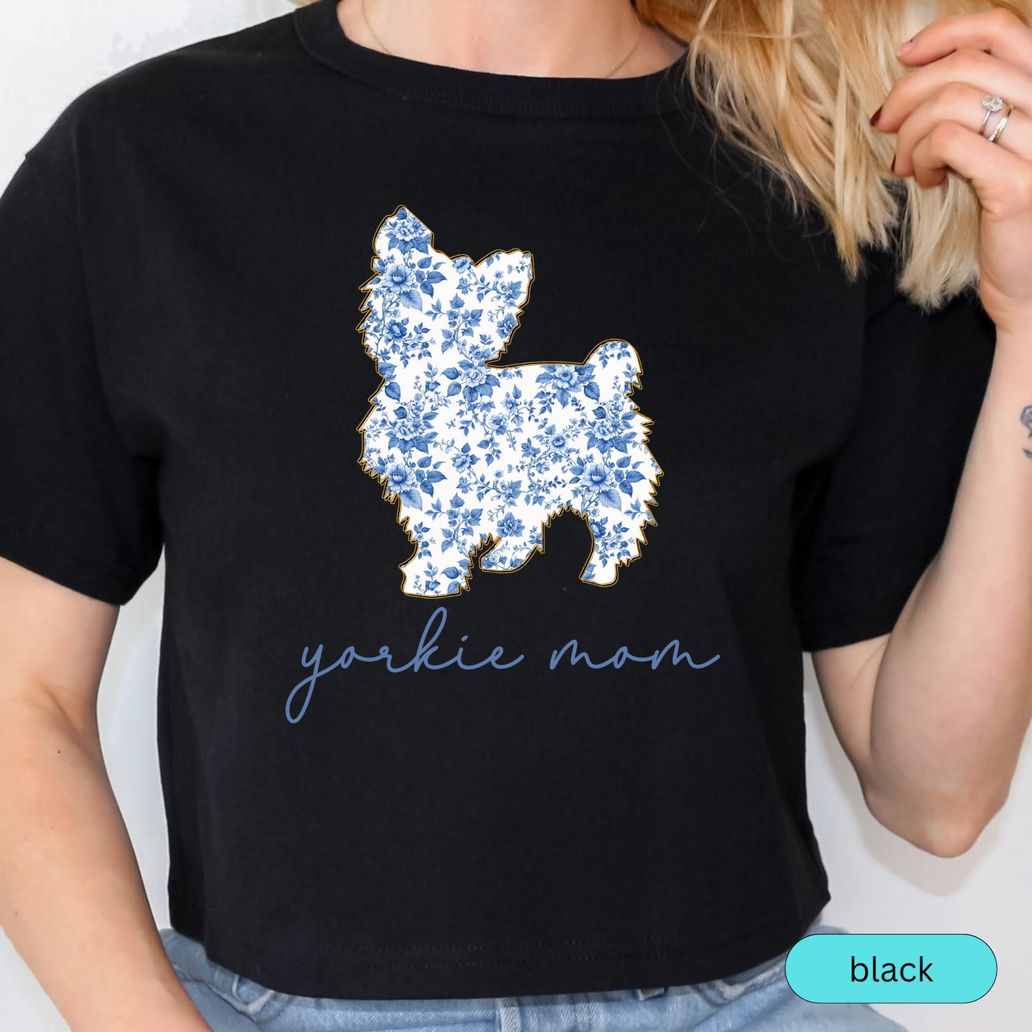 Yorkie Mom Shirt, Yorkshire Terrier Lover Gift, Blue Floral Toile Dog Mom Tee, Cute Pet Owner Shirt, Women's Yorkie T-Shirt, Chinoiserie Dog
