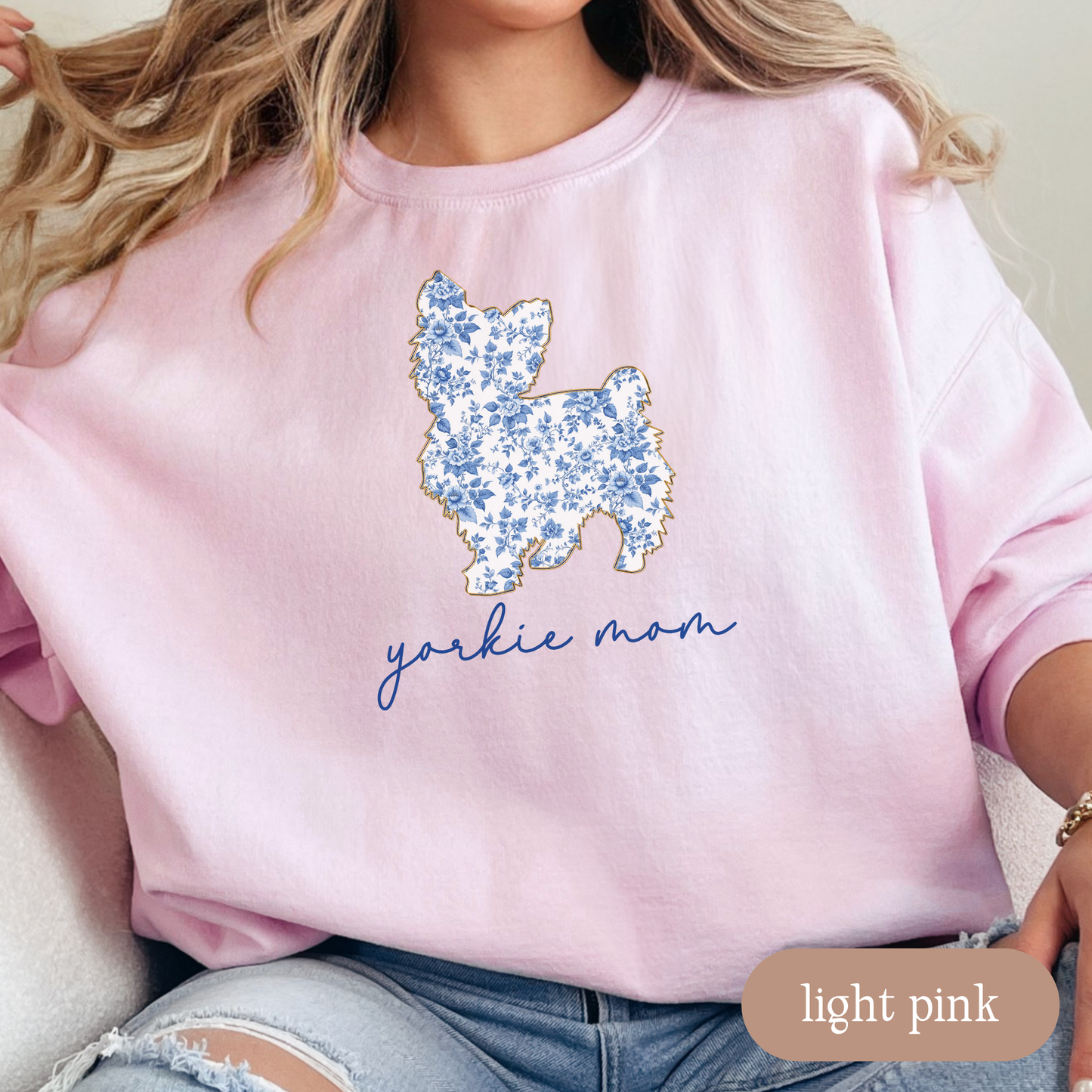Yorkie Mom Sweatshirt, Blue Floral Toile Yorkshire Terrier Crewneck, Cozy Dog Mom Sweater, Cute Yorkie Gift, Yorkie Lover Apparel, Chinoiserie Dog