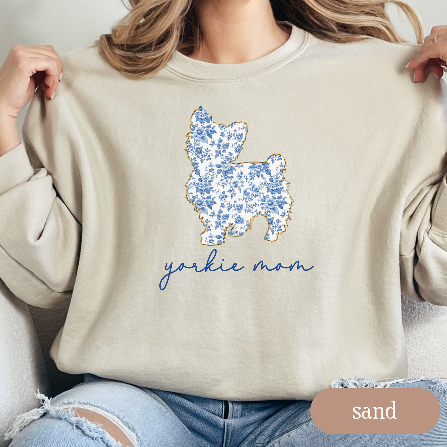 Yorkie Mom Sweatshirt, Blue Floral Toile Yorkshire Terrier Crewneck, Cozy Dog Mom Sweater, Cute Yorkie Gift, Yorkie Lover Apparel, Chinoiserie Dog