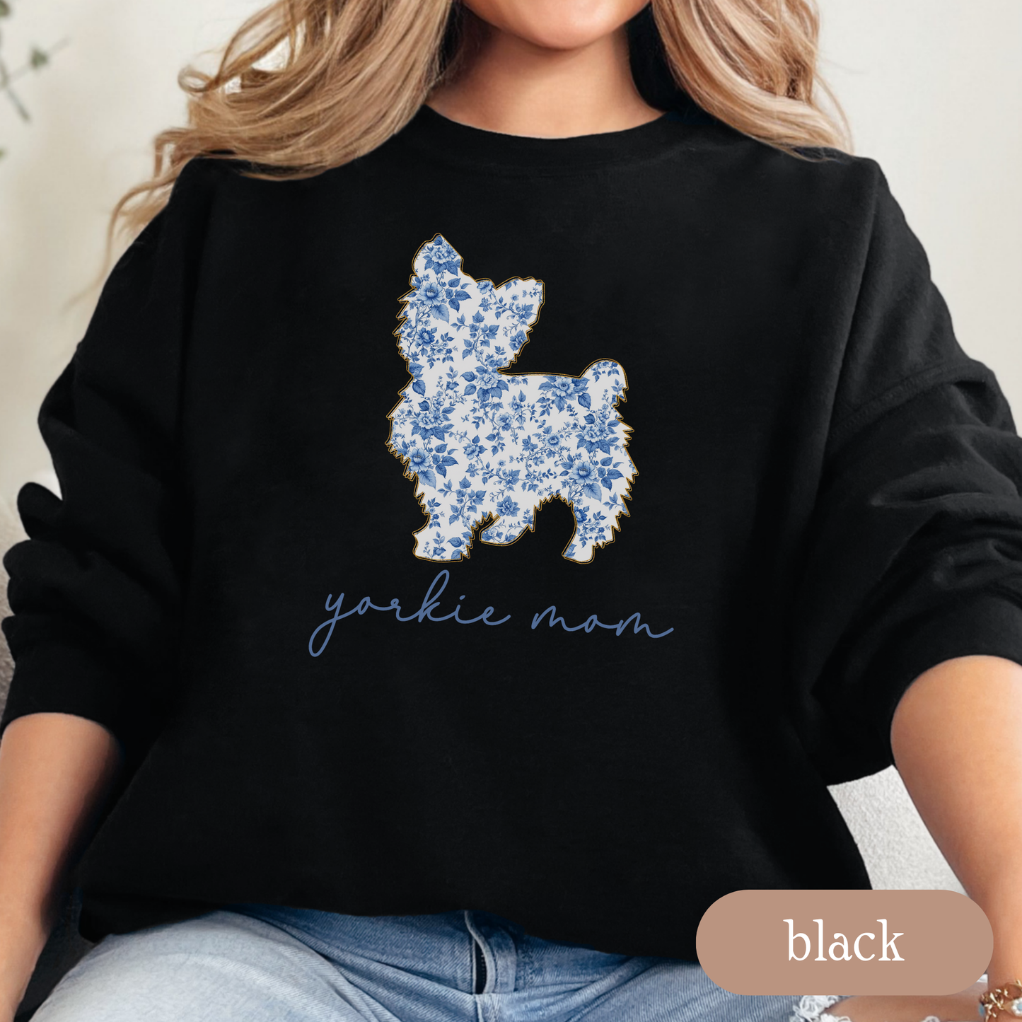 Yorkie Mom Sweatshirt, Blue Floral Toile Yorkshire Terrier Crewneck, Cozy Dog Mom Sweater, Cute Yorkie Gift, Yorkie Lover Apparel, Chinoiserie Dog