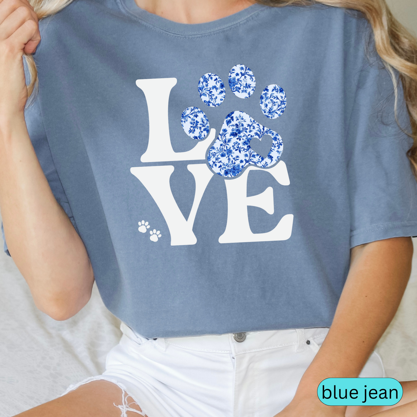 LOVE Paw Print Shirt, Blue Floral Toile Dog Lover Tee, Pet Owner Gift, Animal Rescue Shirt, Cute Dog Mom Shirt for Women, Chinoiserie Shirt