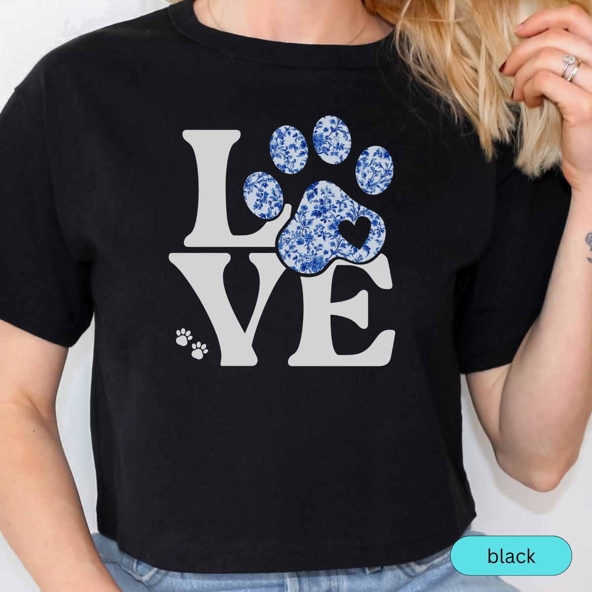 LOVE Paw Print Shirt, Blue Floral Toile Dog Lover Tee, Pet Owner Gift, Animal Rescue Shirt, Cute Dog Mom Shirt for Women, Chinoiserie Shirt