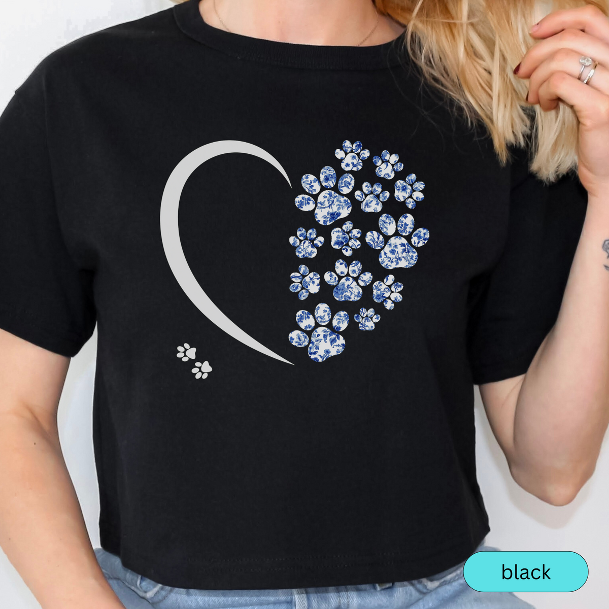 Floral Paw Print Heart Shirt, Blue Toile Dog Lover Gift, Cute Pet Mom T-Shirt, Animal Rescue Support Tee for Women