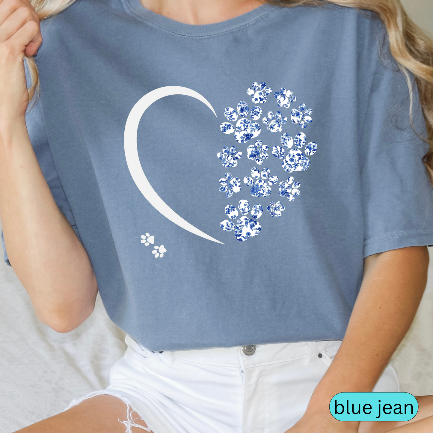 Floral Paw Print Heart Shirt, Blue Toile Dog Lover Gift, Cute Pet Mom T-Shirt, Animal Rescue Support Tee for Women