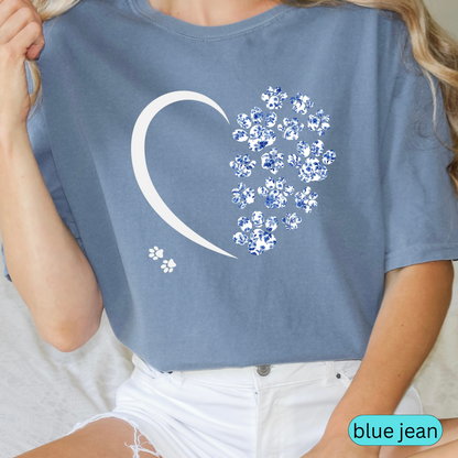 Floral Paw Print Heart Shirt, Blue Toile Dog Lover Gift, Cute Pet Mom T-Shirt, Animal Rescue Support Tee for Women