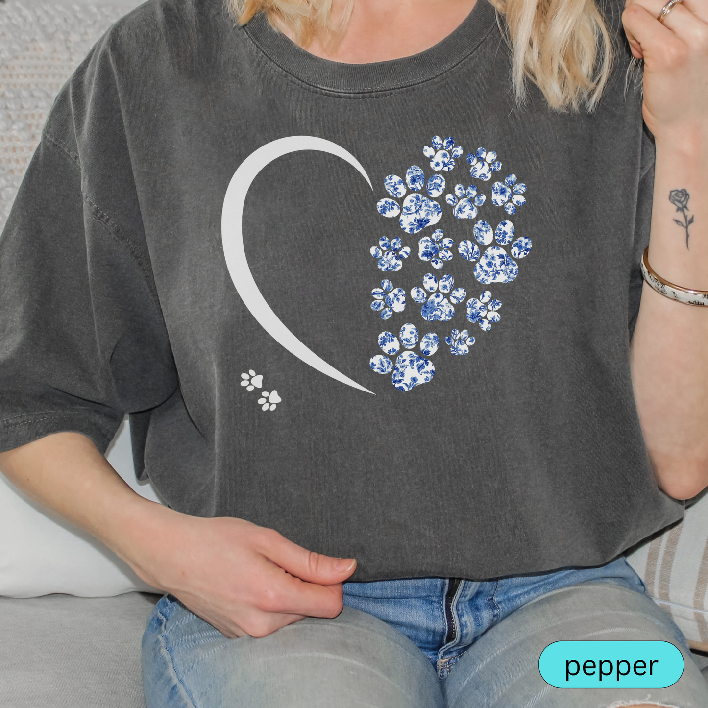 Floral Paw Print Heart Shirt, Blue Toile Dog Lover Gift, Cute Pet Mom T-Shirt, Animal Rescue Support Tee for Women