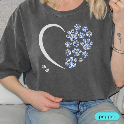Floral Paw Print Heart Shirt, Blue Toile Dog Lover Gift, Cute Pet Mom T-Shirt, Animal Rescue Support Tee for Women