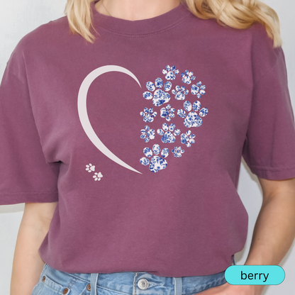 Floral Paw Print Heart Shirt, Blue Toile Dog Lover Gift, Cute Pet Mom T-Shirt, Animal Rescue Support Tee for Women
