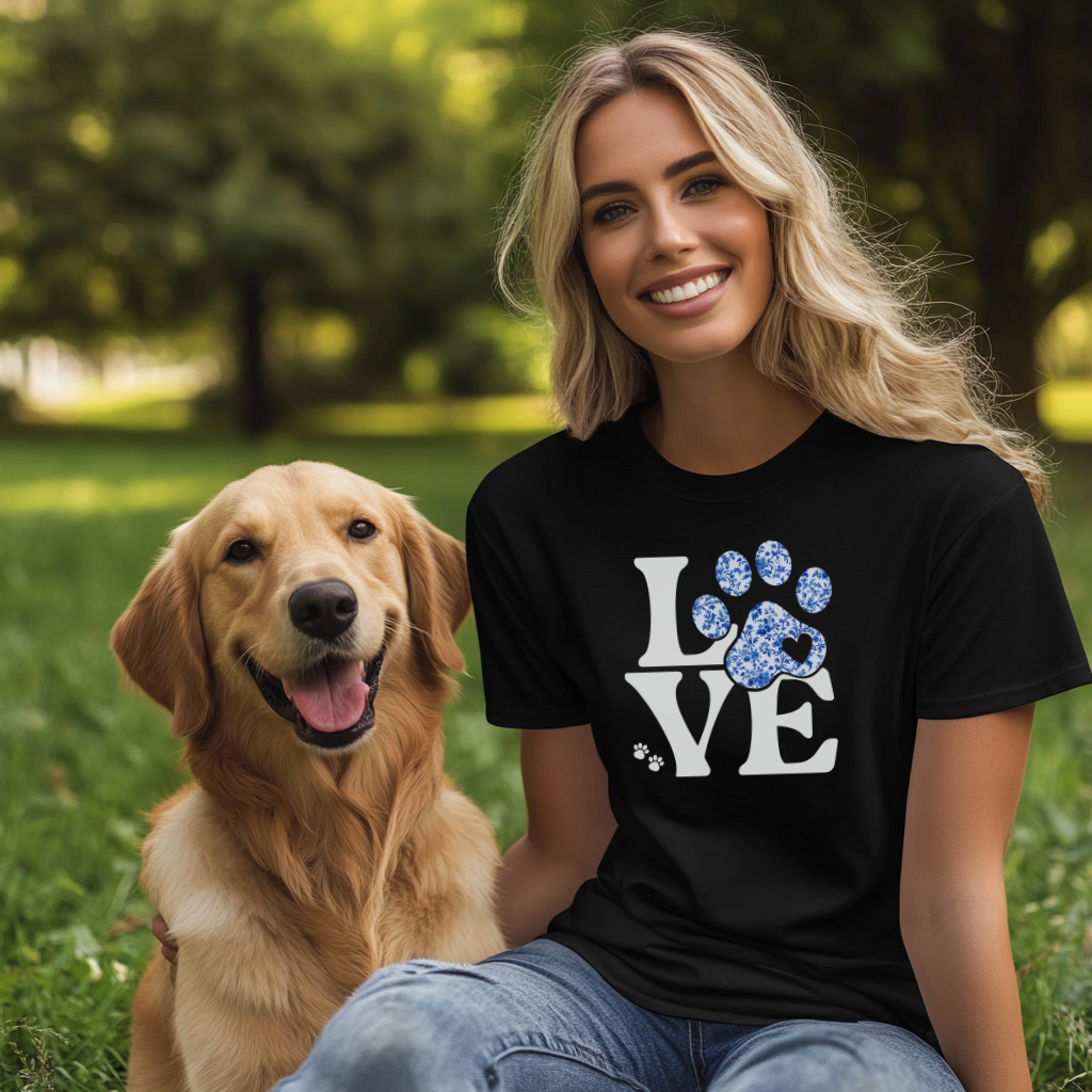 LOVE Paw Print Shirt, Blue Floral Toile Dog Lover Tee, Pet Owner Gift, Animal Rescue Shirt, Cute Dog Mom Shirt for Women, Chinoiserie Shirt
