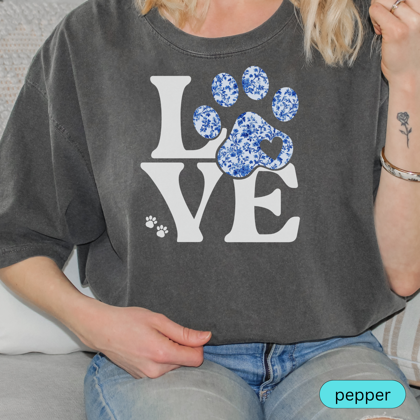 LOVE Paw Print Shirt, Blue Floral Toile Dog Lover Tee, Pet Owner Gift, Animal Rescue Shirt, Cute Dog Mom Shirt for Women, Chinoiserie Shirt
