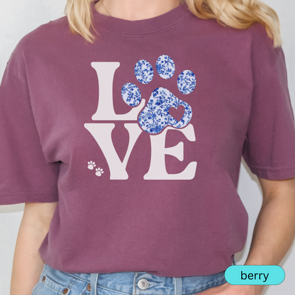 LOVE Paw Print Shirt, Blue Floral Toile Dog Lover Tee, Pet Owner Gift, Animal Rescue Shirt, Cute Dog Mom Shirt for Women, Chinoiserie Shirt
