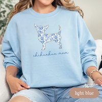 Load image into Gallery viewer, Chihuahua Chinoiserie Mom Sweatshirt, Blue Floral Toile Chihuahua Crewneck, Cozy Dog Mom Sweater, Chihuahua Lover Gift, Cute Dog Mom Apparel
