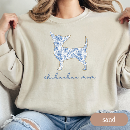 Chihuahua Chinoiserie Mom Sweatshirt, Blue Floral Toile Chihuahua Crewneck, Cozy Dog Mom Sweater, Chihuahua Lover Gift, Cute Dog Mom Apparel