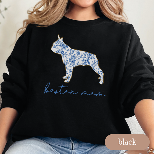 Boston Mom Chinoiserie Sweatshirt, Blue Floral Toile Boston Terrier Crewneck, Cozy Dog Mom Sweater, Boston Terrier Gift, Dog Lover Apparel
