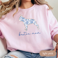 Load image into Gallery viewer, Boston Mom Chinoiserie Sweatshirt, Blue Floral Toile Boston Terrier Crewneck, Cozy Dog Mom Sweater, Boston Terrier Gift, Dog Lover Apparel
