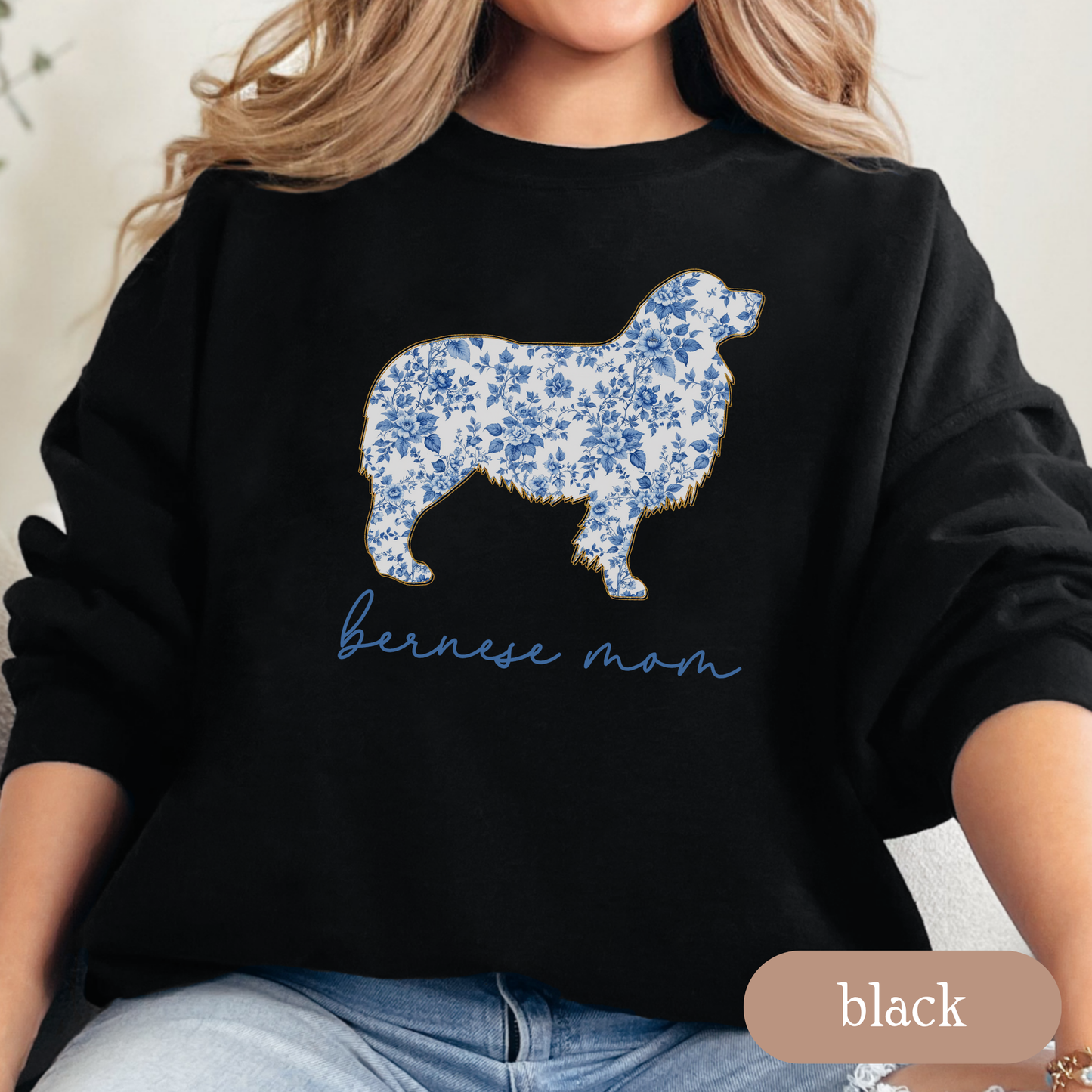 Bernese Mom Chinoiserie Sweatshirt, Blue Floral Toile Bernese Mountain Dog Crewneck, Dog Mom Gift, Bernese Lover Sweater, Berner Mom Apparel