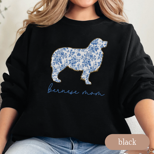 Bernese Mom Chinoiserie Sweatshirt, Blue Floral Toile Bernese Mountain Dog Crewneck, Dog Mom Gift, Bernese Lover Sweater, Berner Mom Apparel