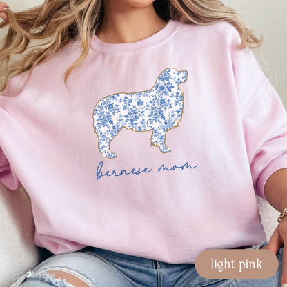 Bernese Mom Chinoiserie Sweatshirt, Blue Floral Toile Bernese Mountain Dog Crewneck, Dog Mom Gift, Bernese Lover Sweater, Berner Mom Apparel