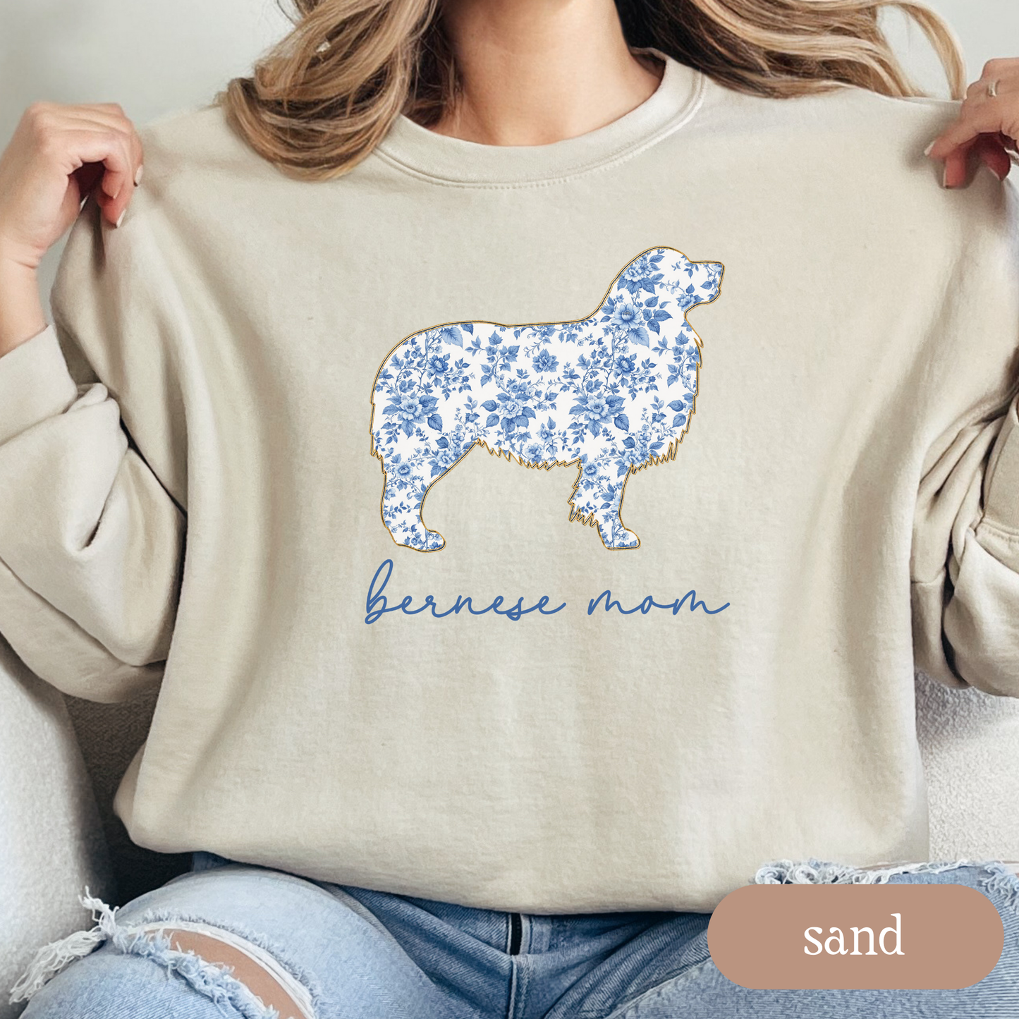 Bernese Mom Chinoiserie Sweatshirt, Blue Floral Toile Bernese Mountain Dog Crewneck, Dog Mom Gift, Bernese Lover Sweater, Berner Mom Apparel