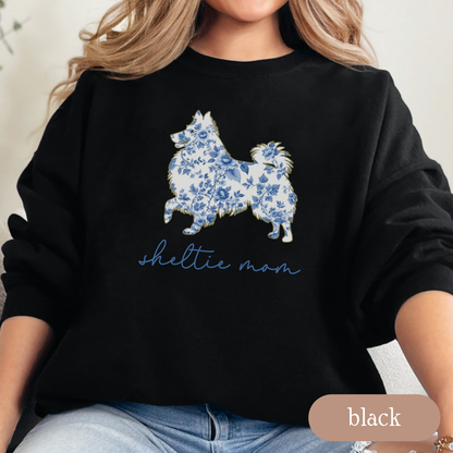 Sheltie Mom Chinoiserie Sweatshirt, Blue Floral Toile Shetland Sheepdog Crewneck, Cozy Dog Mom Sweater, Sheltie Lover Gift, Dog Mom Apparel